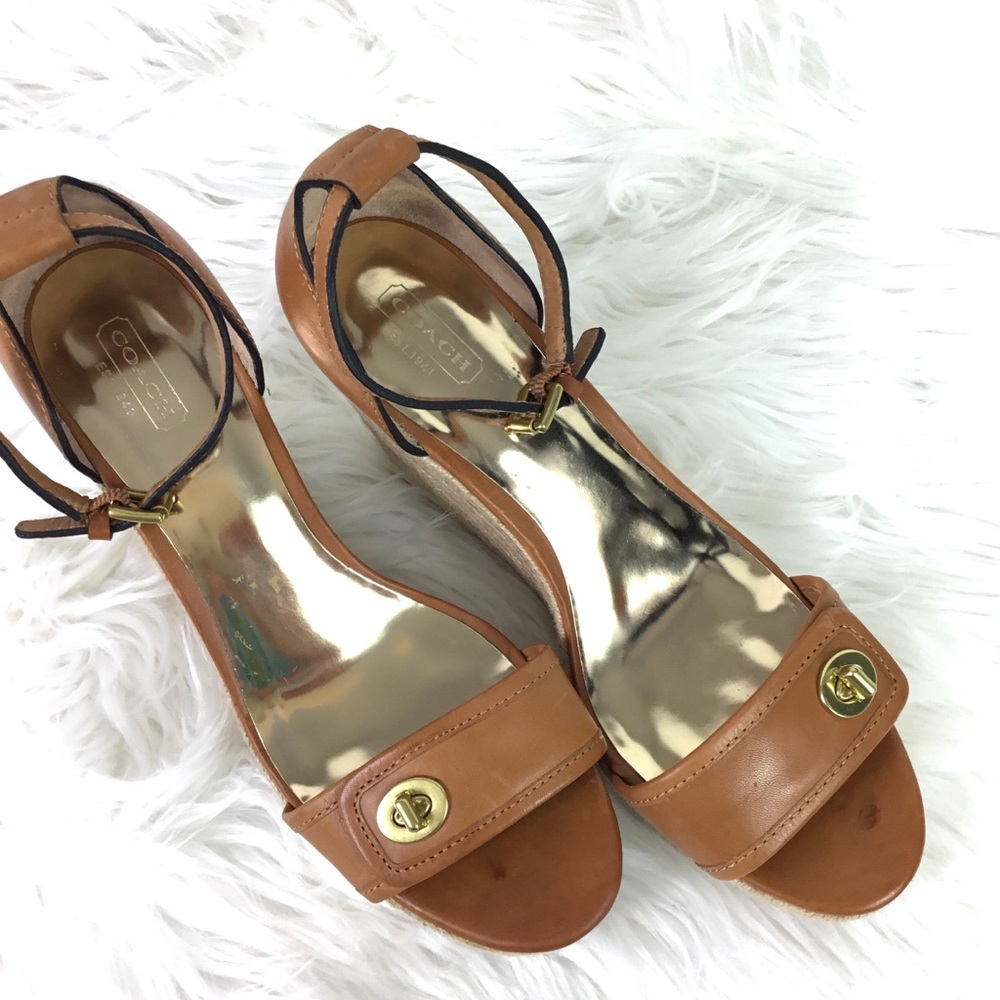 Coach Wedge Adjustable Ankle Straps Sandals Tan Leather trim Size 10B - Picture 11 of 12